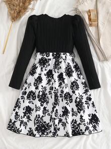 1pc Girls Crew Neck Long Sleeve Ribbed Knit Patchwork Floral Hem Dress, Sweet & Ladylike, Autumn - Black - View 2