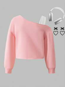 Sparklyn 青少年女孩蝴蝶结印花不对称露肩不对称下摆休闲运动衫 - 粉色 - 查看 2