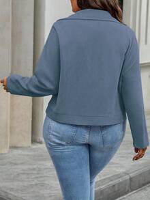 SHEIN LUNE Áo khoác tay dài phong cách đường phố đơn giản, đa năng, màu trơn, có khóa kéo cỡ lớn - Màu xanh bụi bặm - Xem 2