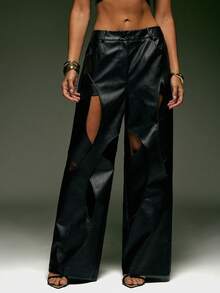 Denimoi 直筒镂空设计仿皮裤，GNO，时尚，夜店装，演唱会装 - 黑色 - 查看 2