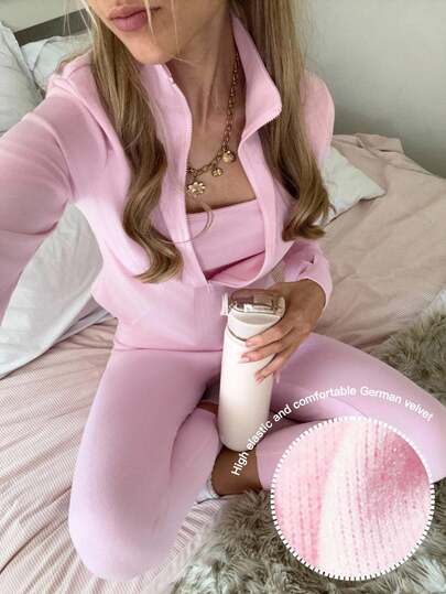 CovetEZ 3 Pcs Women's Autumn And Winter Clothing Sports Clean Girl Casual Plush Plush Warm Ski Suit Yoga Pink Sports Vest Top, Pants And Jacket Three-Piece Set, Great Value Three-Piece Set, Pink Sweet Christmas Light Sports Ski Season Suit Pink Sets For Women 3 Piece Lounge Sets Woman Pink Matching Set Comfy Set Pink 3 Piece Set,Cozy Fall And Winter Clothes For Women