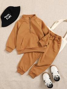 Playful Pals 2pcs/Set Young Boy Toddler Casual Gray Collar Half-Zip Pocket Long Sleeve Sweatshirt And Elastic Cuff Pants, Suitable For Outdoor Play Or Comfortable Home Wear, Autumn - Brown - View 6