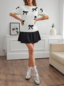 SHEIN Tall Bow Detailed Short Sleeve Sweater For Summer,Jumper,Cream Jumper,Jumpers,Black Jumper,Womens Jumper,White Jumper,Women's Jumper,Women's Jumpers,Winter Clothes - Black and White - View 3