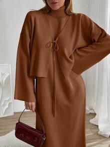 EURMUSE Women Sleeveless High Neck Sweater Dress With Cardigan - Brown - View 3