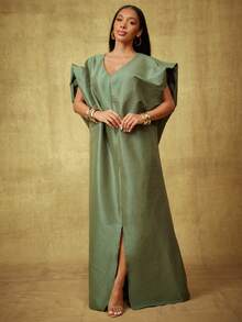 Vixey 纯色塔夫绸泡泡袖长袍连衣裙 - 橄欖綠 - 查看 3