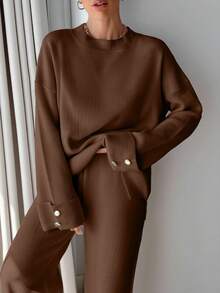 EURMUSE Plus Size Women Button Detail Sweater And Knit Pants Casual Set - Brown - View 1