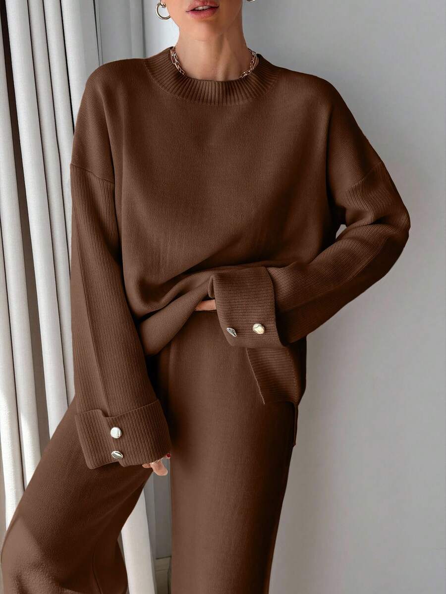 EURMUSE Plus Size Women Button Detail Sweater And Knit Pants Casual Set - Brown - View 1