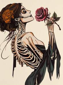 Manfinity EMRG Plus Size Men's Casual Fashionable Street Skeleton Rose Graphic Print Loose Short Sleeve T-Shirt, Summer