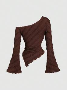 Sweetra Áo cánh du lịch đi làm thường ngày xuân/hè/thu mới dành cho nữ, vải có họa tiết, viền bất đối xứng, tay loe, trang trí kim loại hai bên - Cà phê nâu - Xem 2