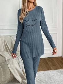 SHEIN Cottnline Women's Letter Embroidered Long Sleeve Pants Pajama Set - Biru - View 5