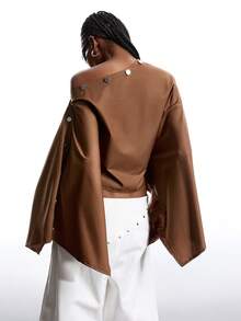 LYSMO Women's Chocolate Brown Autumn Chic Night Out Solid Color Asymmetric Loose Long Sleeve T-Shirt,Three Wearing Methods Neckline Retro Style Casual Top - Coffee Brown - View 2