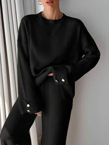 EURMUSE Women Button Detailed Sweater And Pant Set - Black - View 1