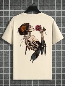 Manfinity EMRG Plus Size Men's Casual Fashionable Street Skeleton Rose Graphic Print Loose Short Sleeve T-Shirt, Summer