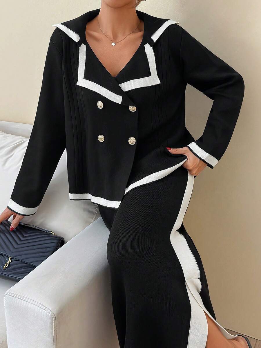 EURMUSE Lässiger Schal-Ausschnitt Doppelreiher Kreuz Gold Knopf Cardigan und maxikontrastreiche Farbblock Seitenstreifen Seitenschlitz Strickrock 2 Stücke Set für Herbst Winter Elegante Frauen Strick Kollektion - Schwarz und Weiss - Übersicht 1