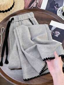 GlowEve CURVE Plus Size Women's Pink And Grey Contrast Color Loose Fit Casual Sweatpants,Autumn Everyday Embroidered Trim Drawstring Waist Pockets Wide Leg Joggers - Grey - View 4