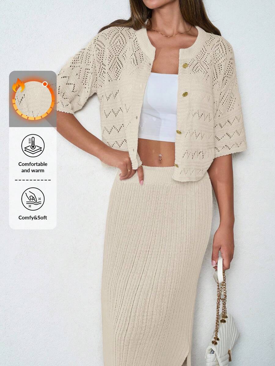 EURMUSE Women's Thick Knit Cardigan And Skirt Set With Metallic Button, Winter - Apricot - View 1