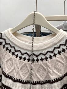 SHEIN Unity 全新秋冬复古优雅通勤费尔岛风麻花圆领毛衣 - 彩色 - 查看 6