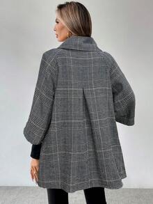 EMERY ROSE Women's Gray Traceable Plaid Fabric High Collar Lapel Metal Button Design Loose Hem 3/4 Sleeve Elegant Classy Thanksgiving Halloween Streetwear Casual Boho Autumn/Winter New Fashion Versatile Loose Woolen Jacket - Blue - View 2