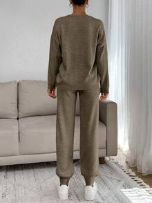 EURMUSE 女士柔软触感毛衣和毛衣裤两件套服装搭配酷 - 米色 - 查看 2