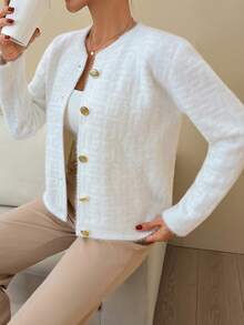 EURMUSE Women Soft Touch Gold Button Front Detailed Knit Cardigan Soft Knit Cardigan With Gold Buttons, Elegant Crew Neck Sweater For Minimalist Fall Winter Outfits - Cream - View 1