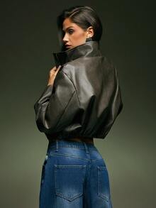 Denimoi High Neck Zip Front Cinched Waist Faux Leather Jacket - Grey - View 3