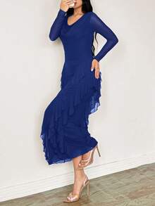 Modelyn 女式弹力网眼荷叶边领修身优雅连衣裙，春夏 - 藍色 - 查看 4