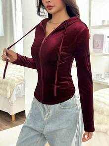 SHEIN EZwear 秋冬女装酒红色前拉链长袖简约休闲天鹅绒修身连帽外套 - 酒紅色 - 查看 4