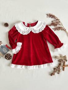 SHEIN Playful Pals Vestido de veludo manga longa para bebê menina outono/inverno, cor vermelha com gola e babados, adequado para ocasiões casuais, ao ar livre e festas