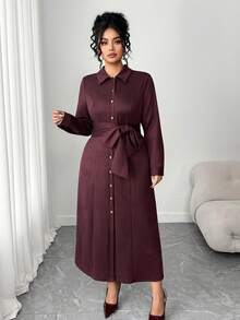 Elenzga Robe chemise femme grande taille, couleur unie, col cranté, boutons devant et ceinture, manches longues, décontractée, minimaliste, velours rétro, port quotidien, robe maxi épaisse, style casual chic occidental - Rouge foncé - Voir 6