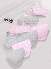 8件套女童花卉蕾丝花边设计吊带背心和全身印花内裤套装，粉色系列