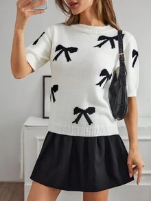 SHEIN Tall Bow Detailed Short Sleeve Sweater For Summer,Jumper,Cream Jumper,Jumpers,Black Jumper,Womens Jumper,White Jumper,Women's Jumper,Women's Jumpers,Winter Clothes - Black and White - View 6