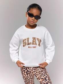 Tween Girl Letter Print Crew Neck Long Sleeve Sweatshirt And Leopard Print Pants Set - Multicolor - View 4