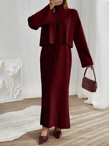 EURMUSE Women Sleeveless High Neck Sweater Dress With Cardigan - Burgundy - View 4