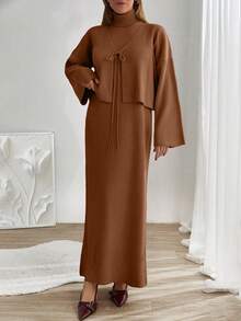 EURMUSE Women Sleeveless High Neck Sweater Dress With Cardigan - Brown - View 6
