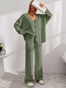 EURMUSE Drop Shoulder Cardigan & Tie Front Knit Pants - Olive Green - View 7