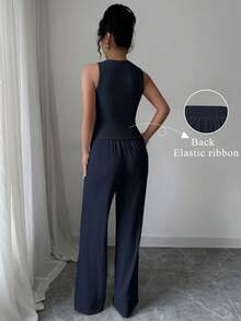 Elenzga 2 件套女士时尚纯色纹理优雅通勤套装 - 圆领无袖修身短款上衣和高腰宽松直筒阔腿裤 - 藏蓝色 - 查看 2