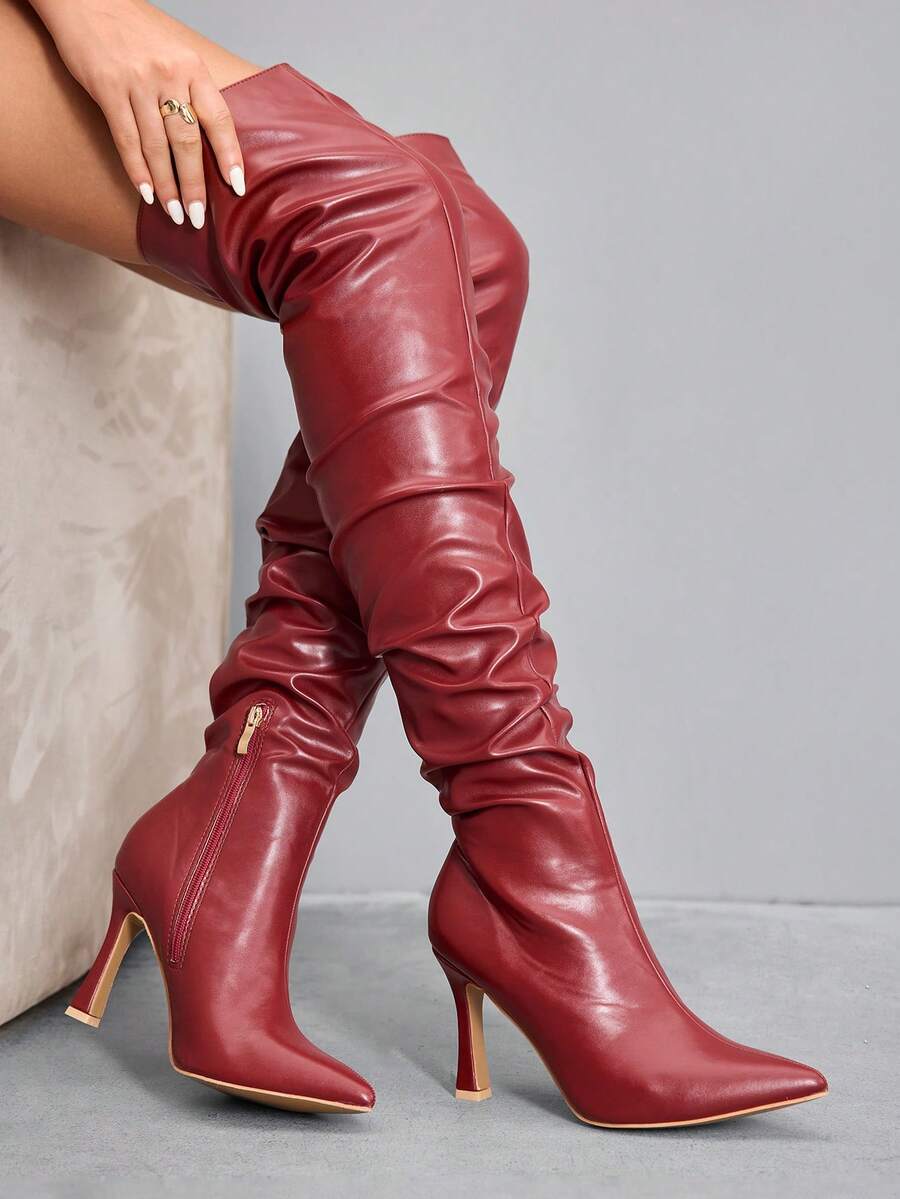 CUCCOO SZL Giày bốt cao đến đùi màu đỏ tía mũi nhọn thời trang, giày cao gót qua đầu gối xếp ly gợi cảm dự tiệc dành cho nữ - Màu Đỏ Sâu - Xem 1