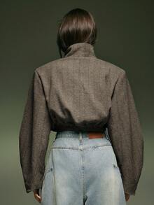 Denimoi Elastic Waist High Neck Cropped Zip Front Herringbone Jacket - Brown - View 4