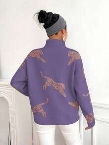 SHEIN LUNE Sweater Lengan Panjang Leher Tinggi Motif Hewan Warna Kontras untuk Wanita - Red Violet - View 2