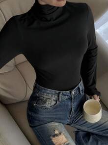 Livesso Áo thun nữ cổ lọ màu trơn dáng ôm, áo dài tay mùa thu - màu đen - Xem 1