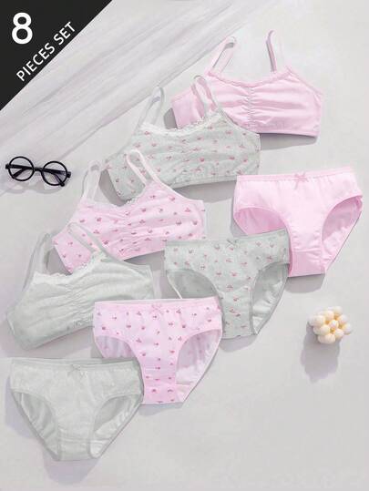 8件套女童花卉蕾丝花边设计吊带背心和全身印花内裤套装，粉色系列