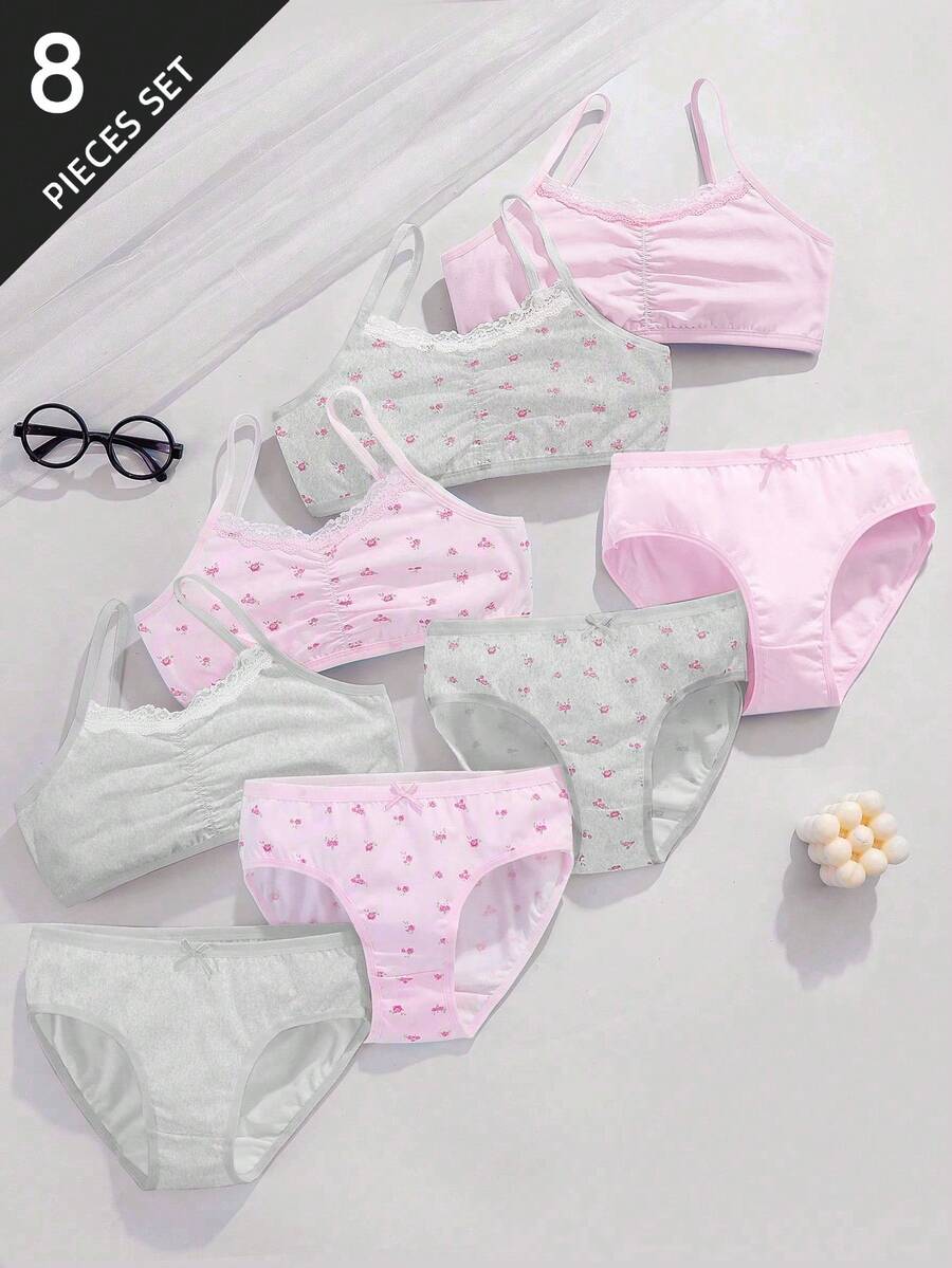 8件套女童花卉蕾丝花边设计吊带背心和全身印花内裤套装，粉色系列