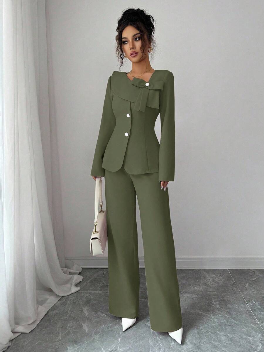 Elenzga Bộ vest vest 2 món ve áo cổ điển, vai lệch, áo khoác blazer + quần âu thu đông - màu xanh lá - Xem 1