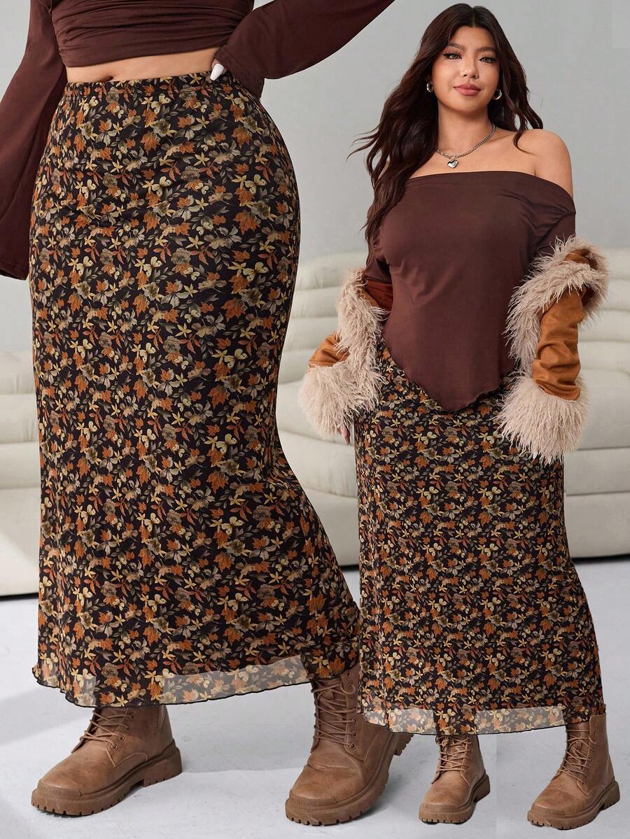 Solflare 2025 Autumn/Winter New Casual Outgoing Daily Wear Party Date Holiday Multi-Occasion Versatile Elastic Waist Earth Tone Ditsy Floral High Stretch Mesh Print Plus Size Skirt