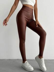 Solid High Waist PU Leggings - Brown - View 4