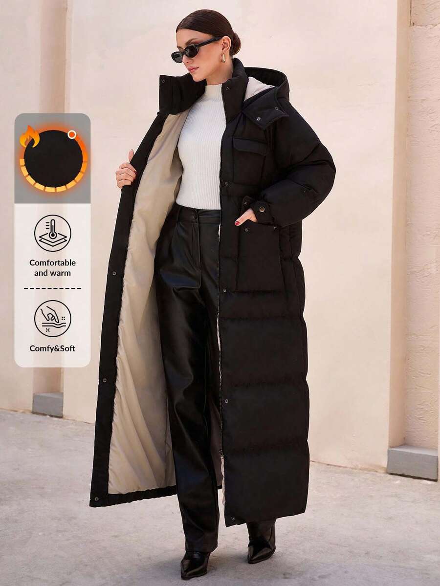 Women's Solid Hooded Long Casual Comfy Winter Coat,Coats,Jacket - Black - View 1