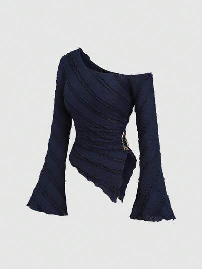 Sweetra Women's New Asymmetrical Hem Asymmetric Shoulder Long Sleeve Blouse With Metal Decor, Suitable For Commuting And Outings, Spring/Summer/Autumn