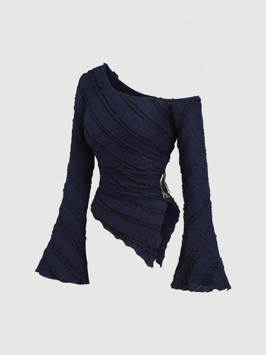 Sweetra 女士新款不对称下摆不对称肩长袖衬衫，带金属装饰，适合通勤和外出，春夏秋 - 藏蓝色 - 查看 1