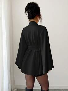 Elenzga Áo khoác ngoài cổ đứng màu trơn có tay áo có thắt lưng cho nữ - màu đen - Xem 2