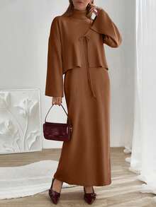 EURMUSE Women Sleeveless High Neck Sweater Dress With Cardigan - Brown - View 7